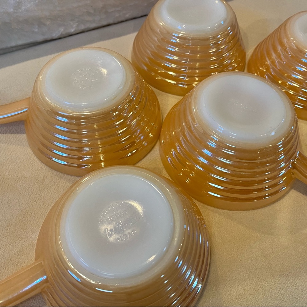 Vintage Fire King “beehive” pattern soup bowls w/ peach luster glaze